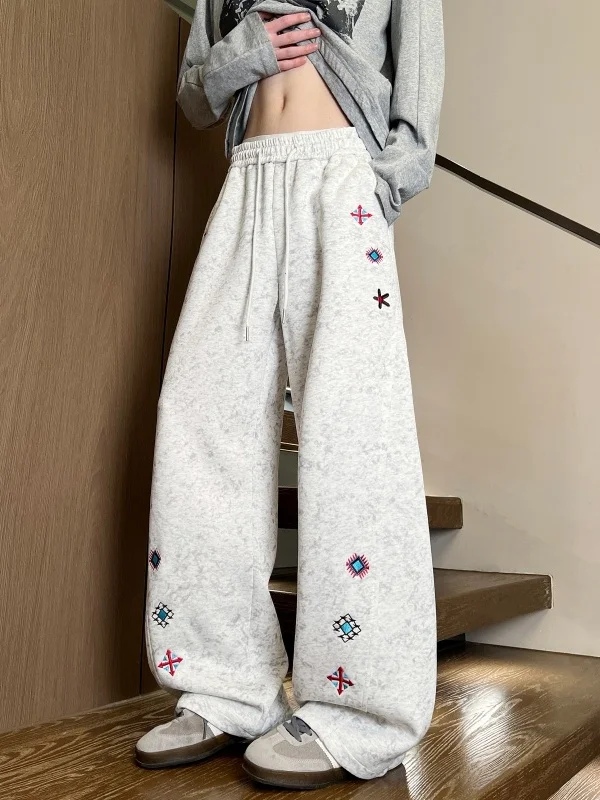 

American Sle Casual Pants Men's Spring Autumn Loose Dyeing Embroidery Diagonal Cut Straight Leg Long Pants Trendy Brand