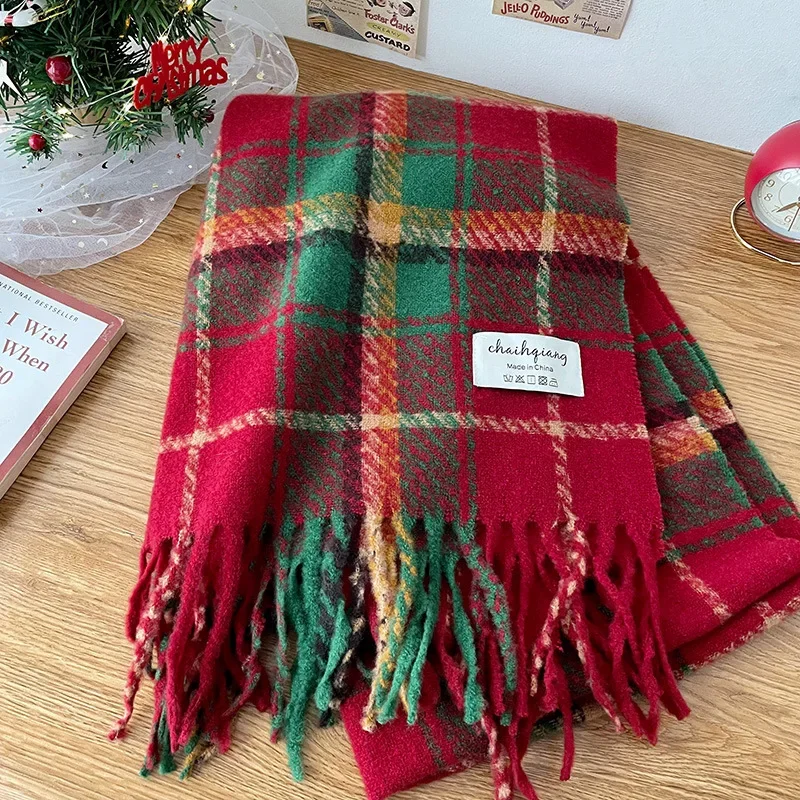 Women\'s Cashmere Scarf Green Plaid Vintage Winter Korean Thick Warm Long Tassel Shawl Neck Christmas Gift Fashion Accessories