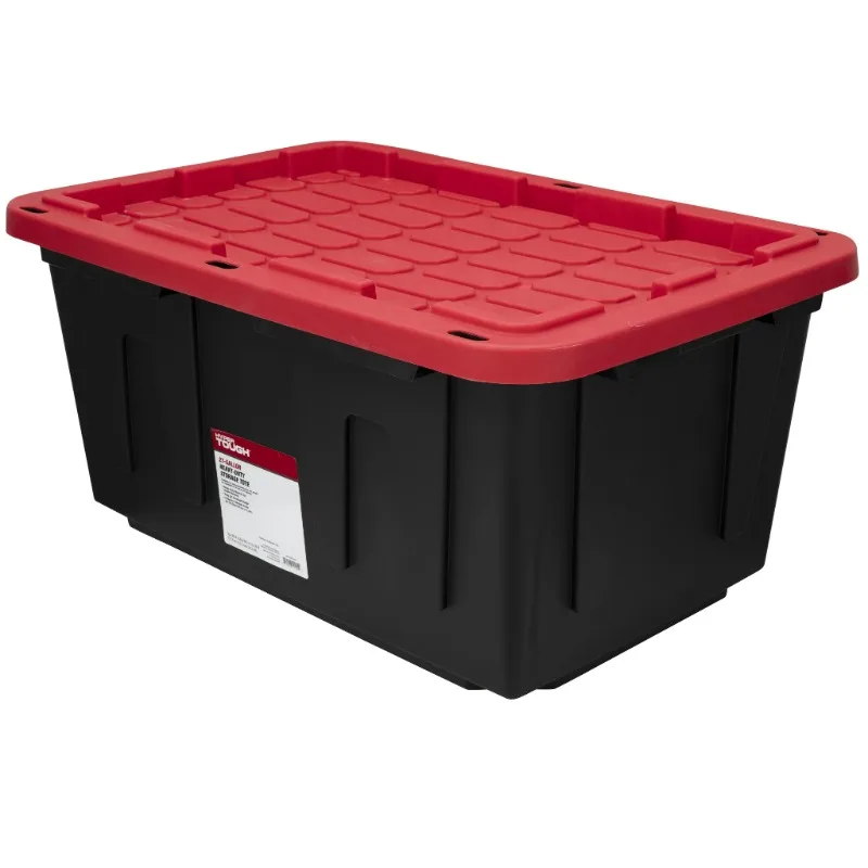 (6 pack) Hyper Tough Large Storage Bin, 27 Gallon Plastic Storage Container with Snap-On Lid, Black and Red