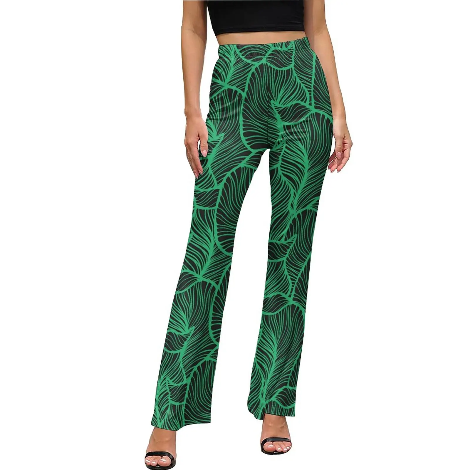 

Tropical Print Pants Green Leaves Elastic High Waist Casual Flare Trousers Summer Custom Street Fashion Pants Gift Idea