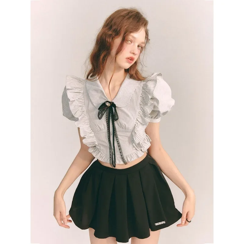 QWEEK Sweet Puff Sleeeve Cropped Shirts Woman Striped Preppy Short Blouses Female Summer Korean Fashion Lolita Slim Aesthetic