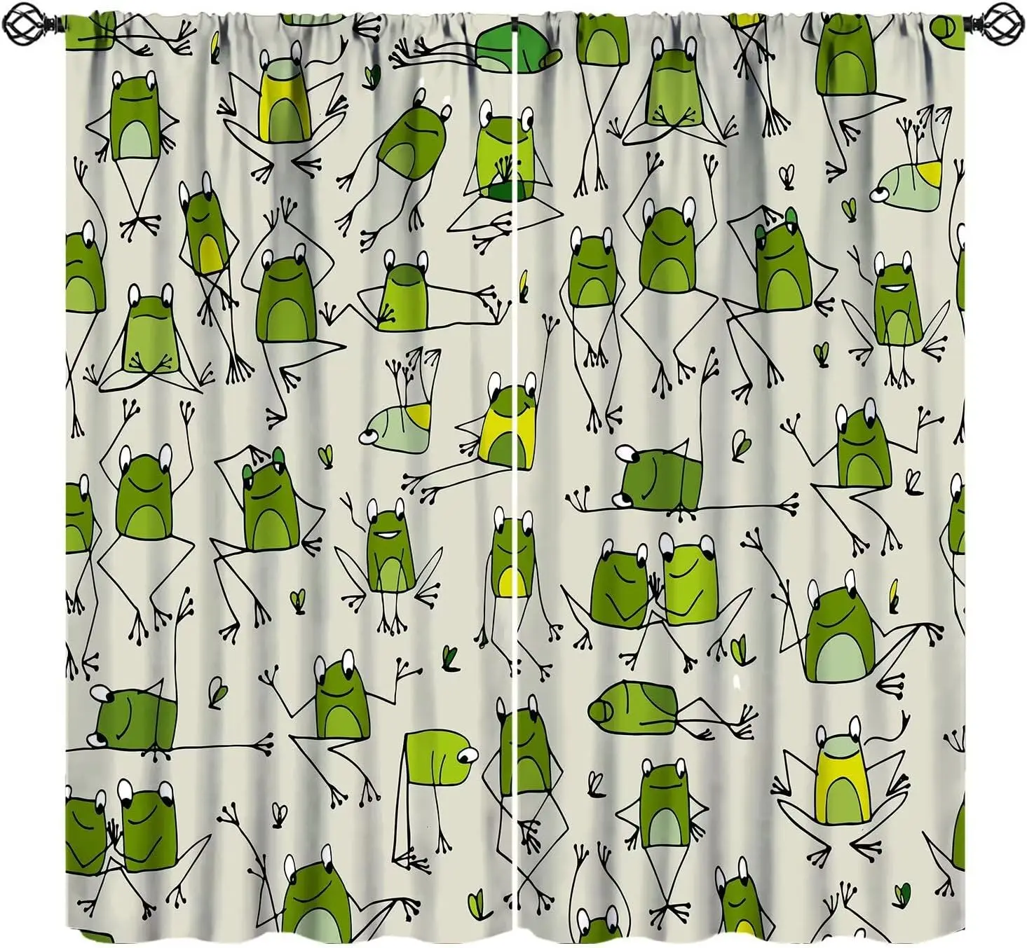 Funny Frog Curtains, Abstract Line Art Green Forest Cartoon Animals Frogs Rod Pocket Window Treatments for Kids Baby Bedroom