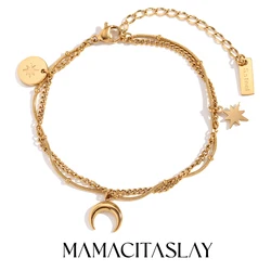 MamacitaSlay New Design Double Layer Bead Chain Moon Star Sun Charm bracelets Wholesale Titanium stainless steel women's jewelry