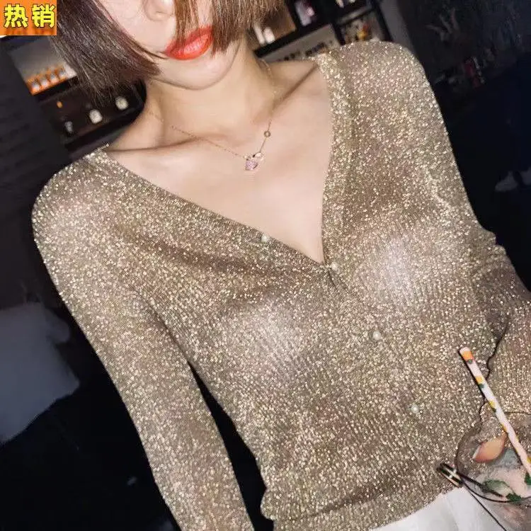 Korean V neck Single Breasted Cardigan Women Slim Elegant Casual Gold Shiny Lurex Thin Basic Knit Coat Open Stitch Silver Casaco