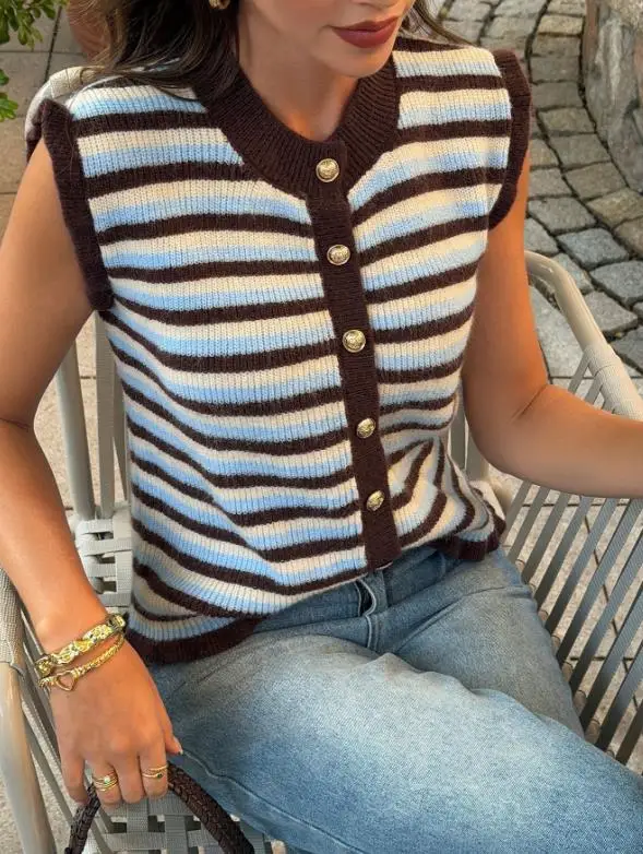 

Spring/Summer Women's Retro Contrast Striped Small Flying Sleeve Cardigan Sweater 2026 Fashion Casual Outerwear