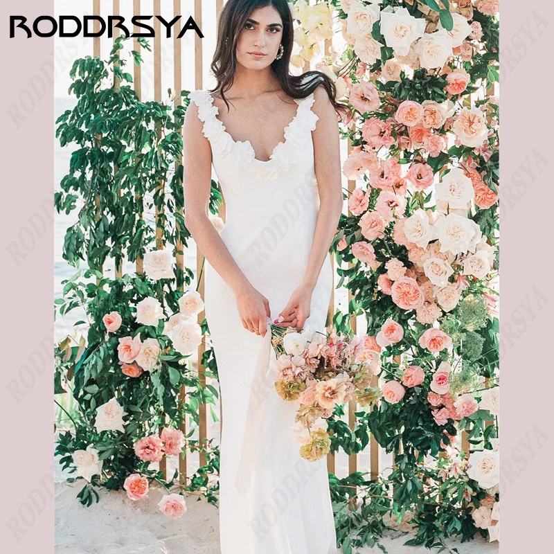 RODDRSYA V-Neck Mermaid Wedding Dresses For Women Sleeveless Backless Simple Bridal Gowns Elegant Satin 3D Flower Robe De Soiree