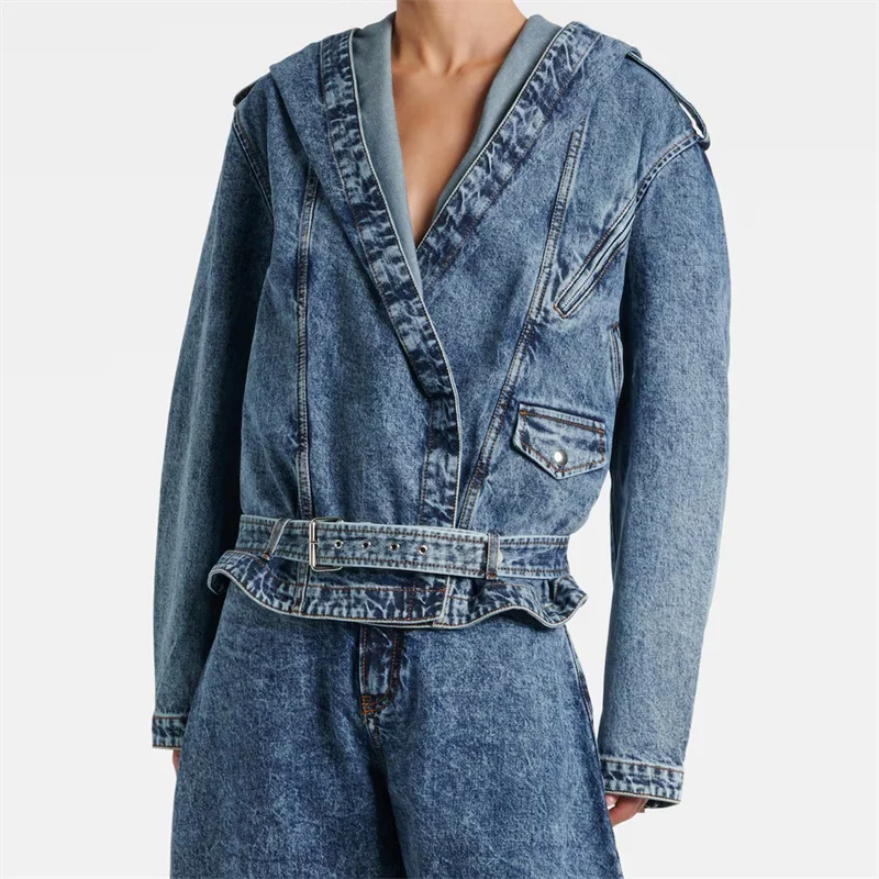 

Женская куртка Новый топ в стиле ретро из чистого хлопка с капюшоном и длинными рукавами на зиму 2025 с поясом облегающего кроя Женское пальто джинсовая куртка верхняя одежда