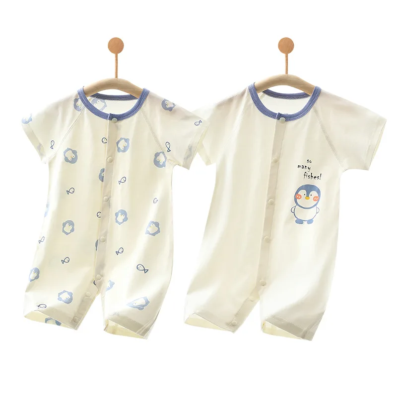 2pcs Summer Soft Cotton Thin Baby Short Sleeved Jumpsuit for Boys Girls Infant Cute Cartoon Snap-fastener Toddler Crawling Suit