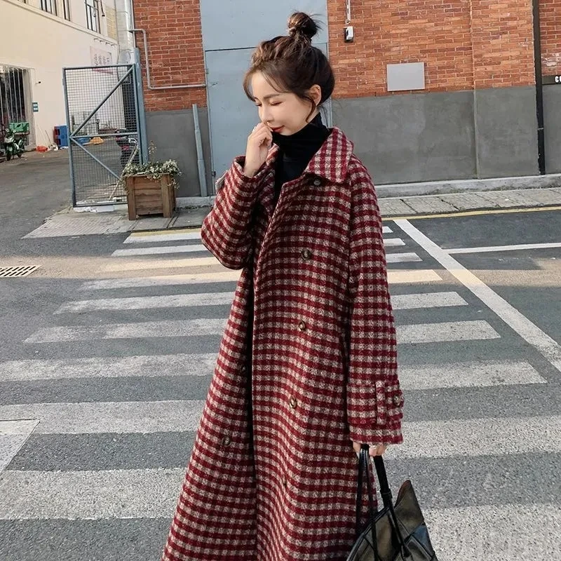 

Plaid Woolen Jacket Women 2023 Winter New Korean Loose With belt Thicken Woolen Coat Double breasted Female Temperament Overcoat