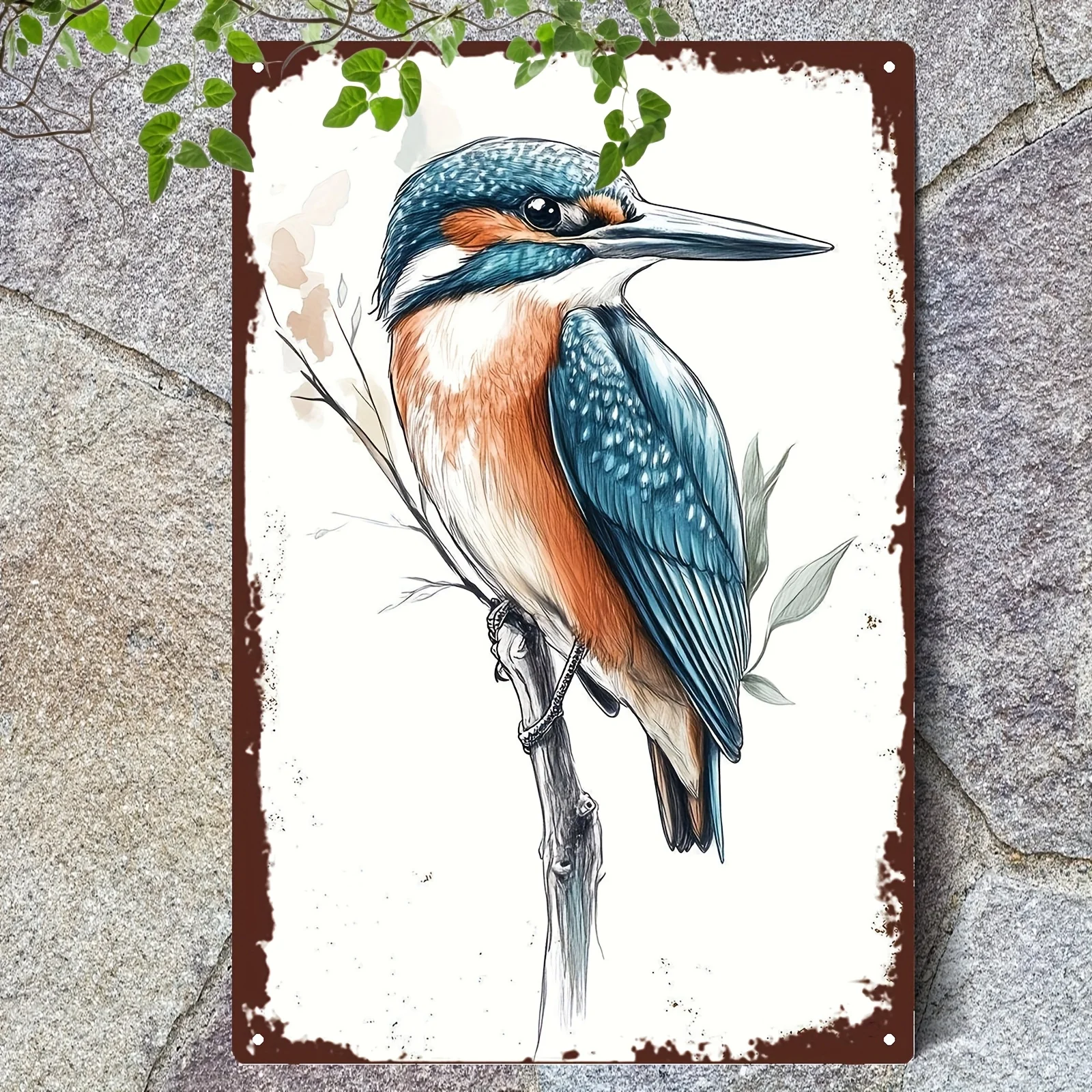 2D Flat - 2D Plane, 1pc of Vintage Metal Wall Art Sign - 20X30 Cm / 8X12 Inch Rustic Iron Watercolor Design of Kingfisher on Bra