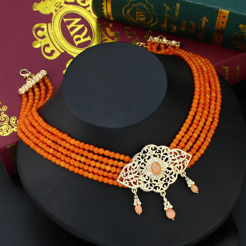 Sunspicems Ethnic Beads Necklace for Women Jade Color Chain Gold Plating Pandant Moroccan Choker Necklace Bridal Wedding Jewelry
