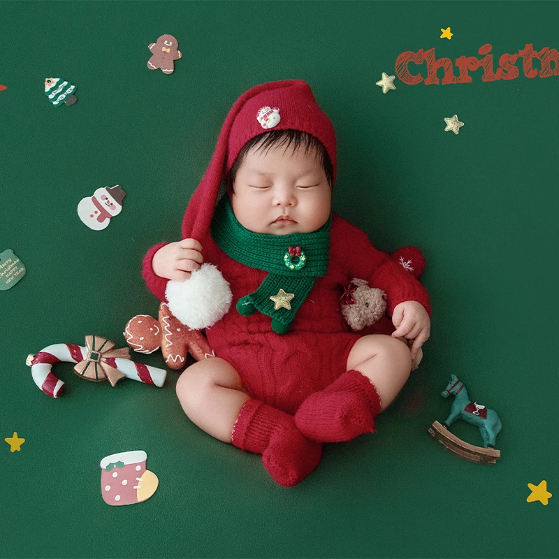 جديد عيد الميلاد الوليد التصوير الزي الطفل الدافئة الأحمر محبوك رومبير + قبعة/بوم بوم بوم + وشاح أخضر احتفالي حفلة أزياء الطفل