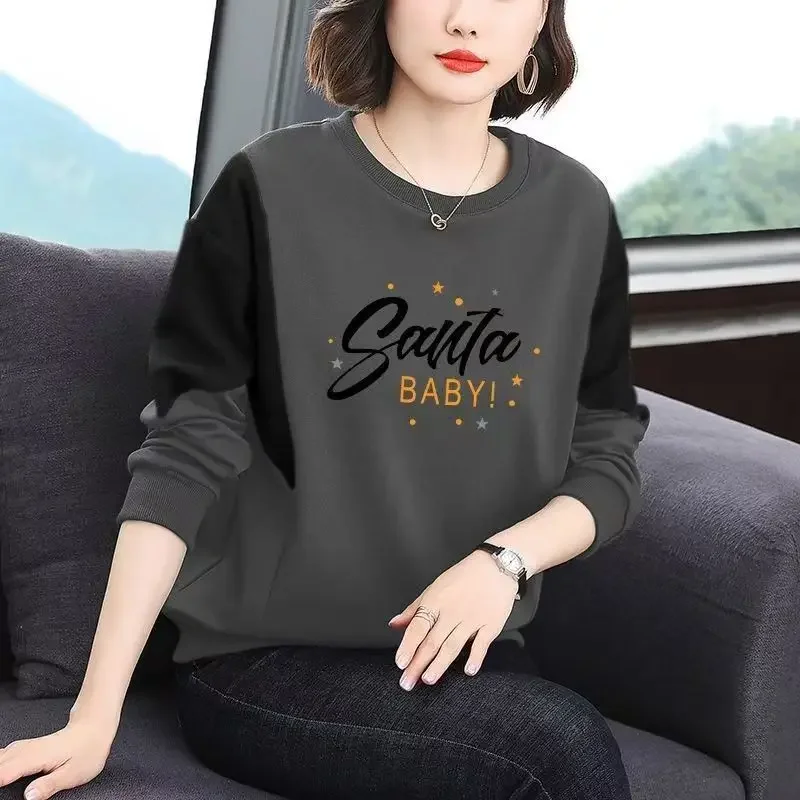 เสื้อยืดแขนยาวผู้หญิง ผ้ากำมะหยี่เยอรมัน ตัดต่อสีตัดกัน ดีไซน์หลวม ใส่แล้วดูอ่อนวัย  สำหรับผู้หญิง