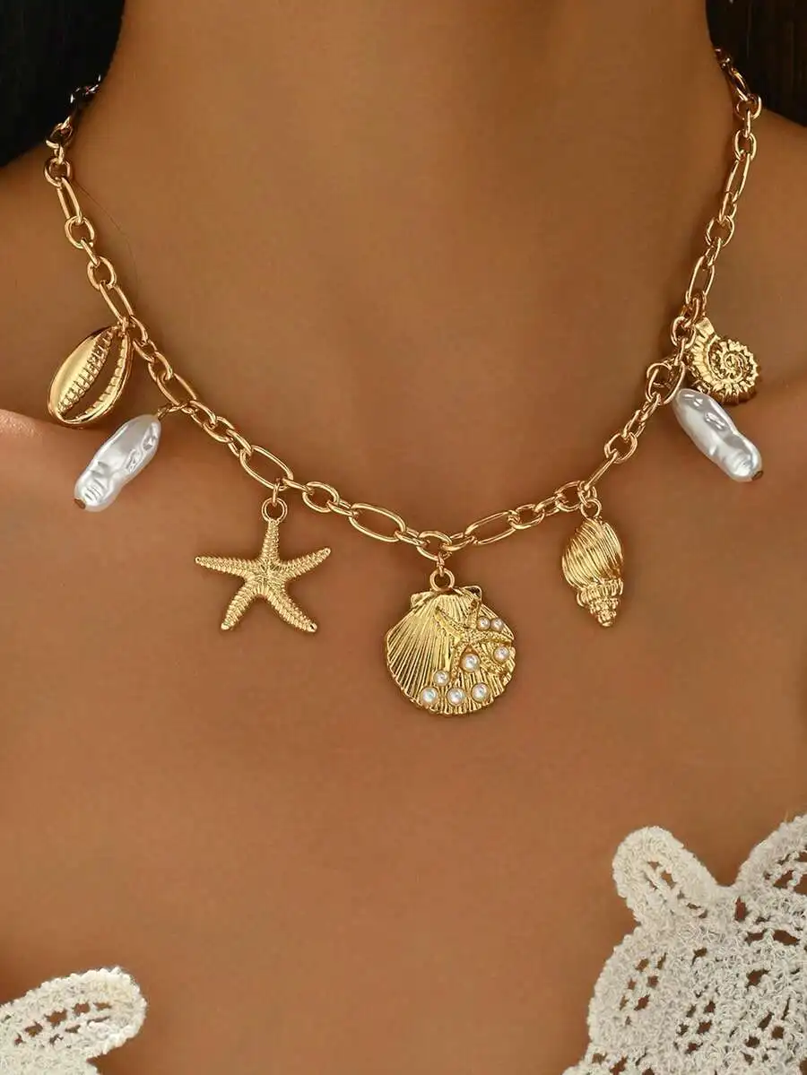 1pc Fashionable Faux Pearl, Seashell, Starfish Metal Pendant Necklace, Women Ocean Vibe Jewelry Suitable For Daily Wear, Beach V