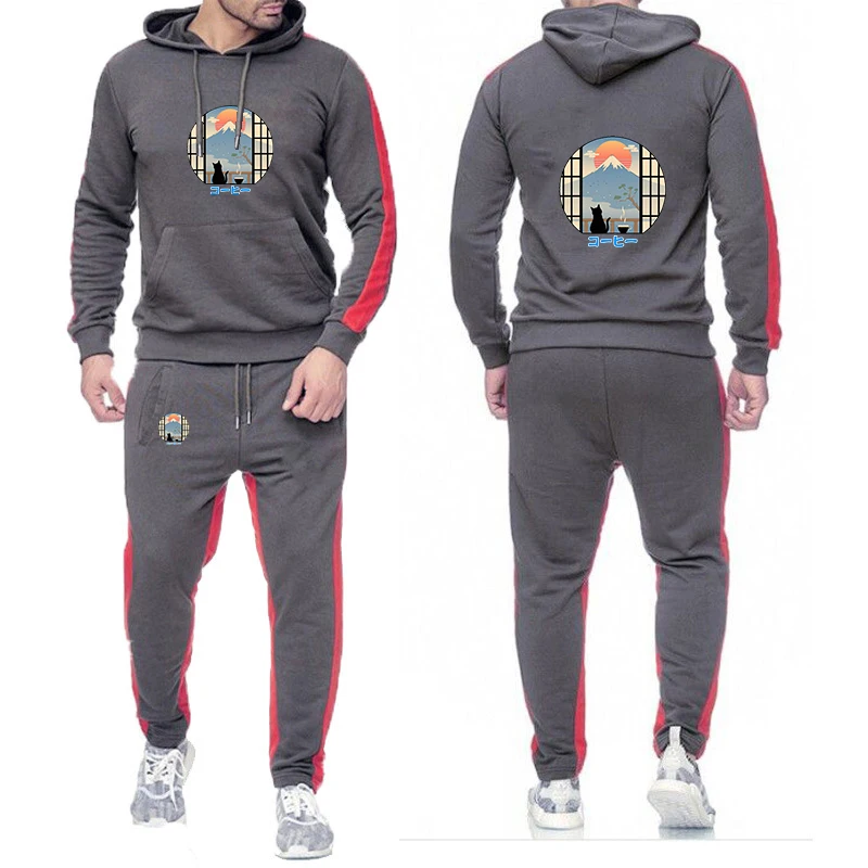 

2025 Spring And Autumn Men's New Coffee Cat in Mt Fuji Print Solid Color Pocket Hoodies + Casual Sweatpants Suit