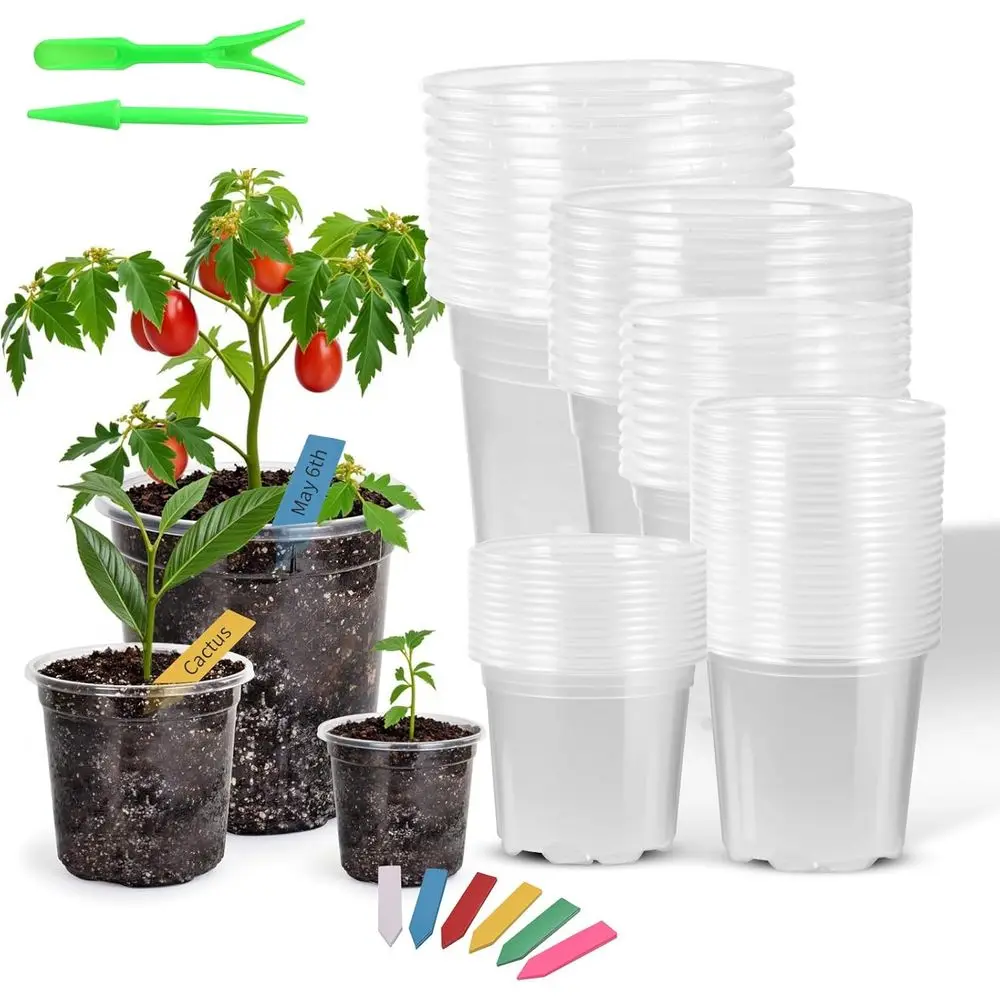 60-Pack Clear Plastic Nursery Pots with Drainage, Assorted Sizes, Colorful Labels & 2 Garden Tools