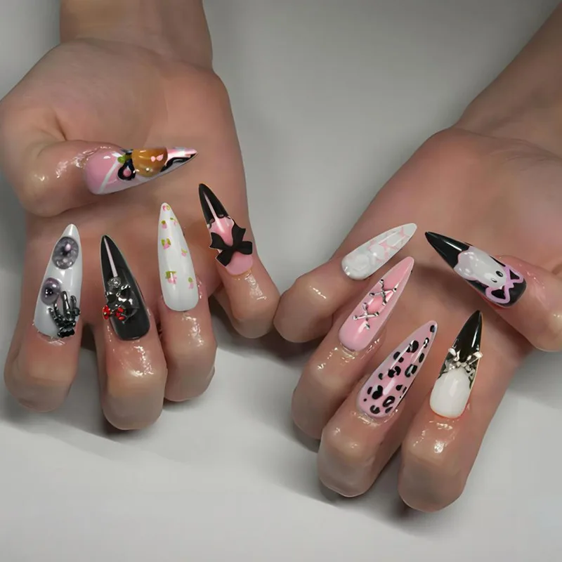 24枚入り ハロウィン ロングスティレット つけ爪 ピンク ブラック フレンチ パンクスタイル フェイクネイル キュート ゴースト リボン スパイシーガール プレスオンネイル