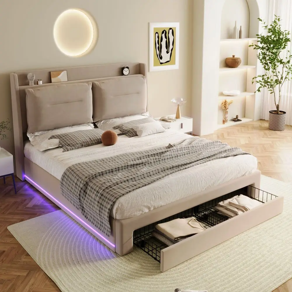 Hydraulic Upholstery bed 140x200 Beige Velvet LED Light Strip 2-in-1 Storage drawers Without Mattess