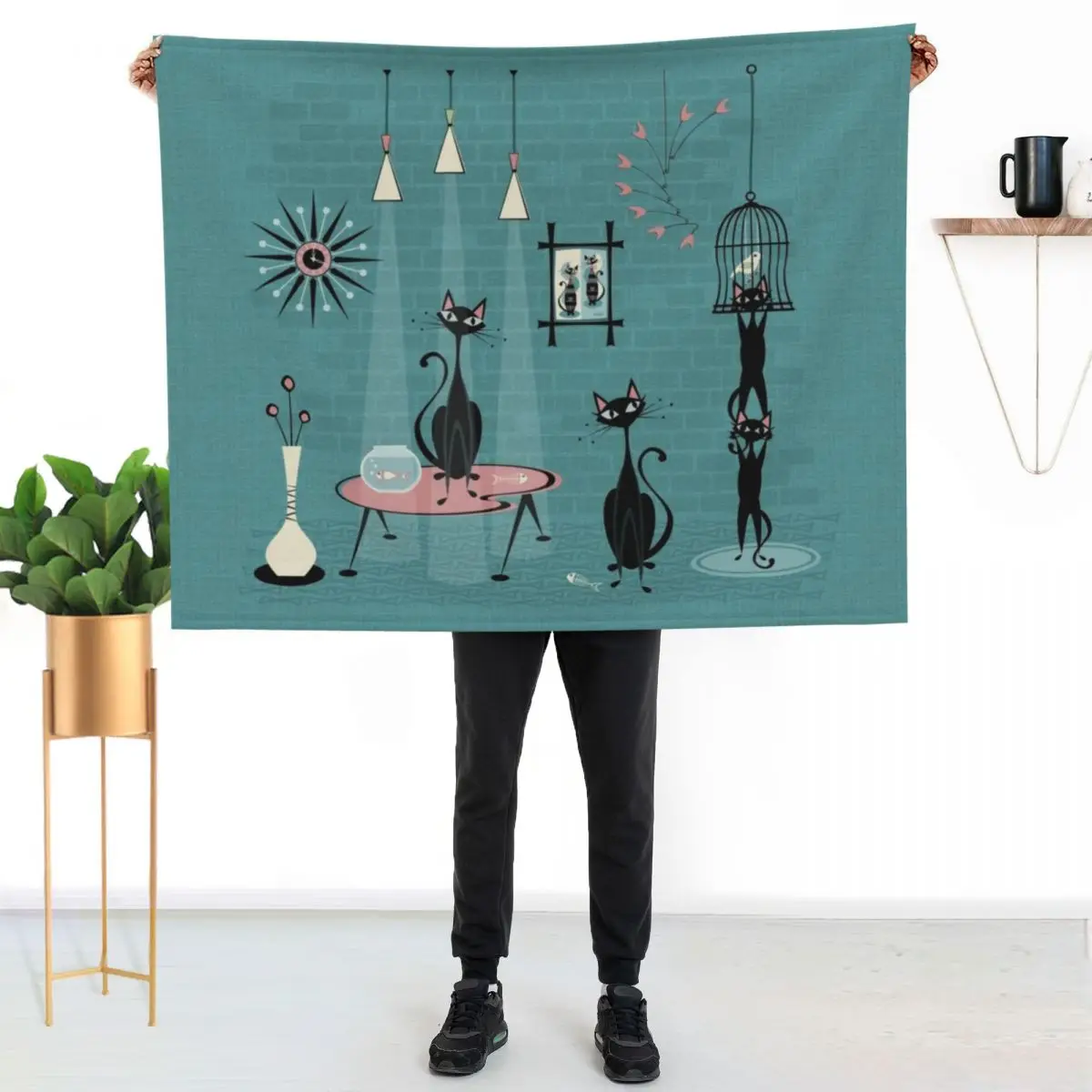 

Mid Century Kitty Mischief III studioxtine Throw Blanket Lightweight Warm Blanket for Indoor Outdoor Use