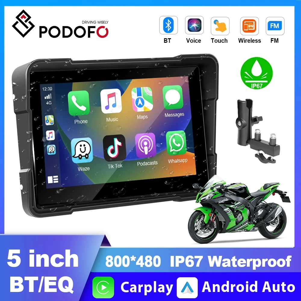 

Podofo 5"GPS Navigation Motorcycle Monitor IPX7 Waterproof Carplay Display Screen Portable Motorcycle Wireless Android Auto