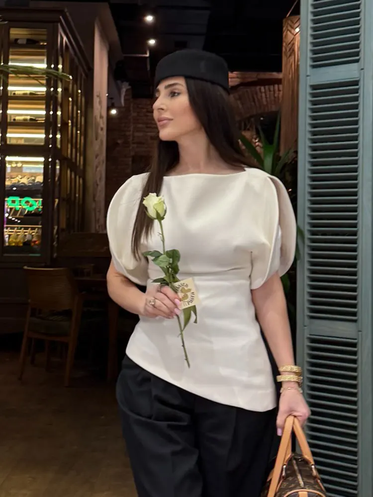 HH Women Fashion Tops Split Puff Sleeve Top Female O-Neck Short Sleeves T-Shirts Solid Slim Partywear Asymmetrical Lady Clothes