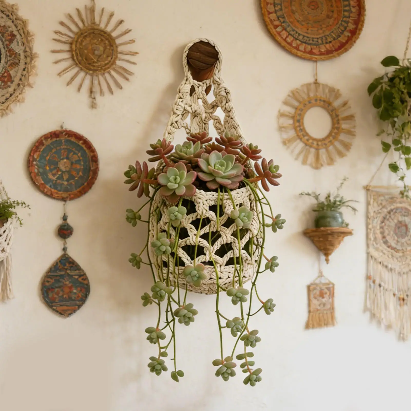 Handgewebter Baumwollseil-Pflanzenkorb Wandmontierter Pflanzenständer mit Haken Bohemian-Stil Zimmerpflanzen-Hänger Wanddekoration