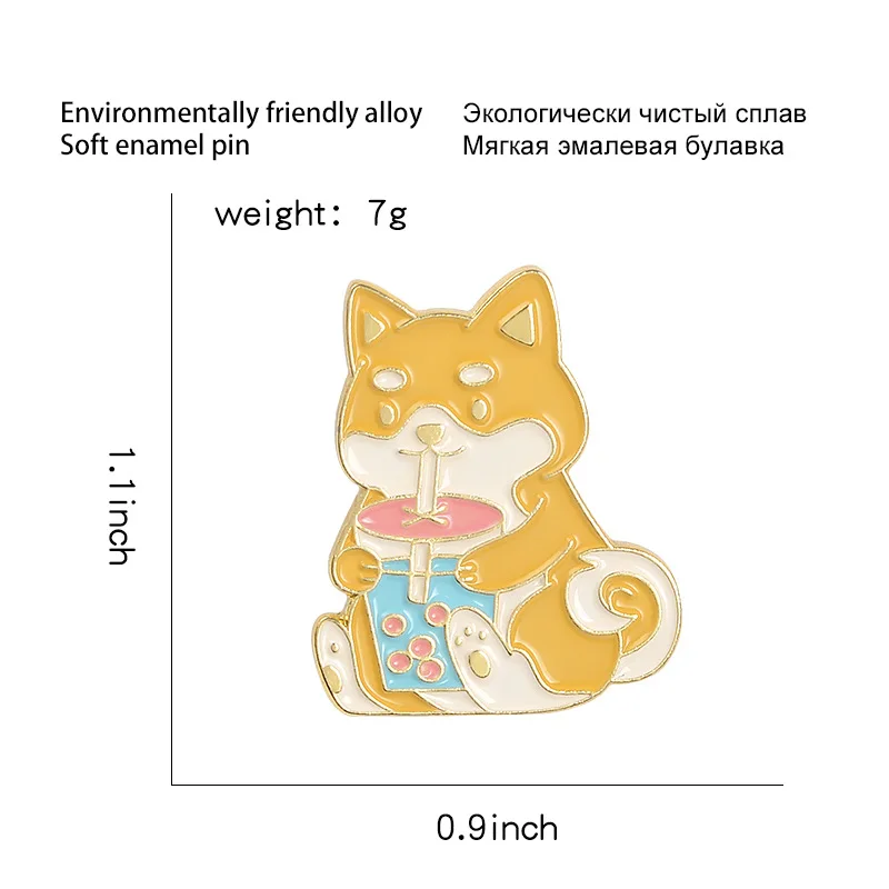 만화 강아지 브로치 마시는 버블 티, 여름 주스 에나멜 핀, 어린이 동물 배지, 친구를 위한 보석 선물, 매우 귀여운 코기