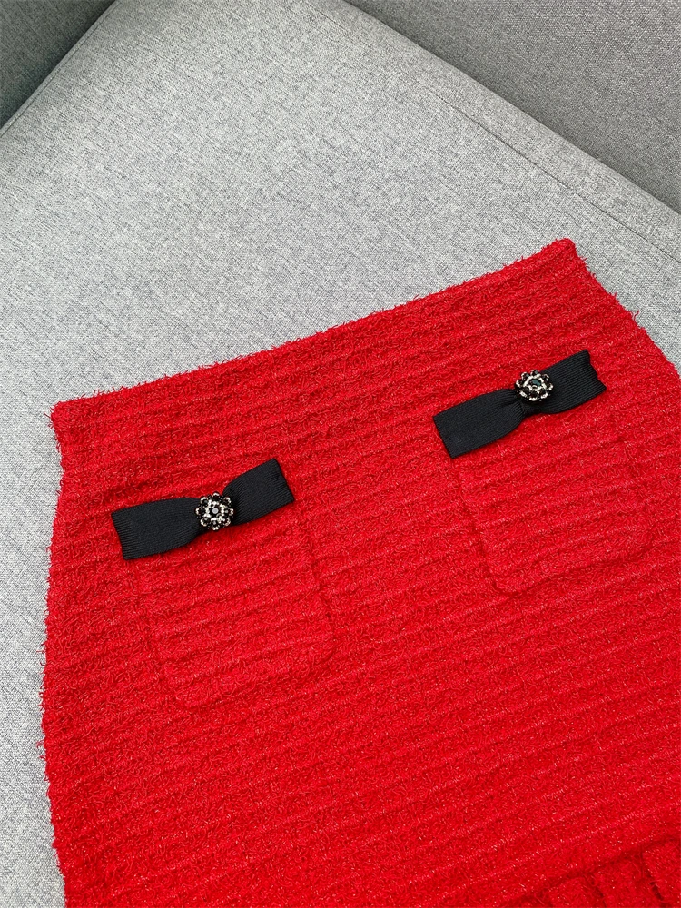 Weihnachtskleid, rot, elegantes Set, Schleife, quadratischer Ausschnitt, Waffel-Strickjacke + halber Rock für Damen, 2-teiliges rotes Tweed-Set für Damen