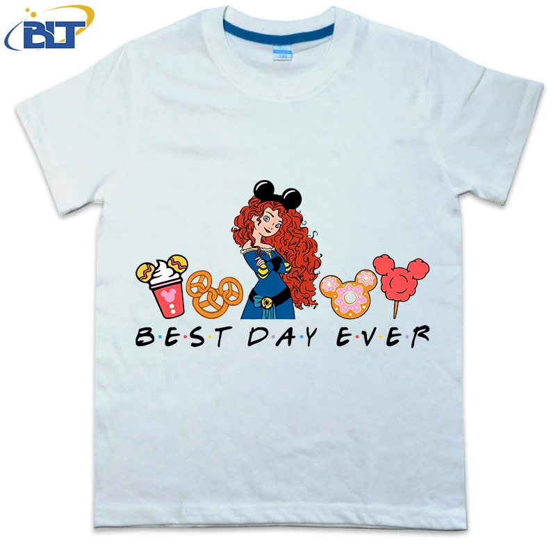 Best Day Ever Princess Merida Disney Snacks Printed Kids Clothing Kids T-shirt Cotton Short Sleeve Cartoon Top