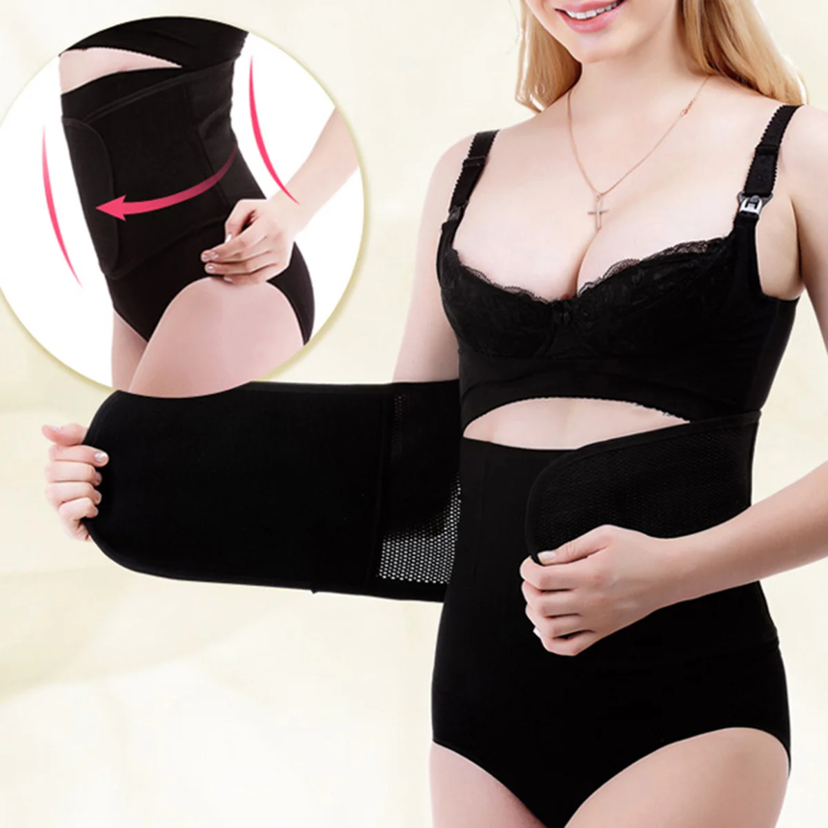 حزام تشذيب الخصر أسود قابل للتمدد وجيد التهوية بعد الولادة لف البطن للنساء للتنحيف بعد الولادة