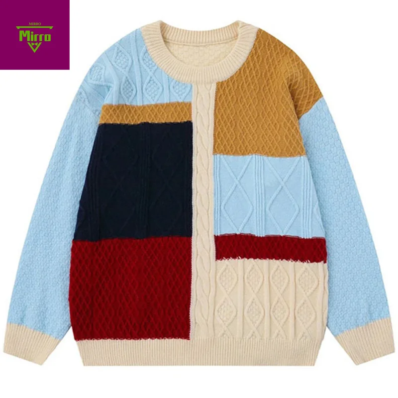 

【Mirrordust】Цветные лоскутные винтажные свитера, вязаный свитер большого размера, пуловер, джемпер, уличная одежда, свитера в стиле Харадзюку в стиле хип-хоп