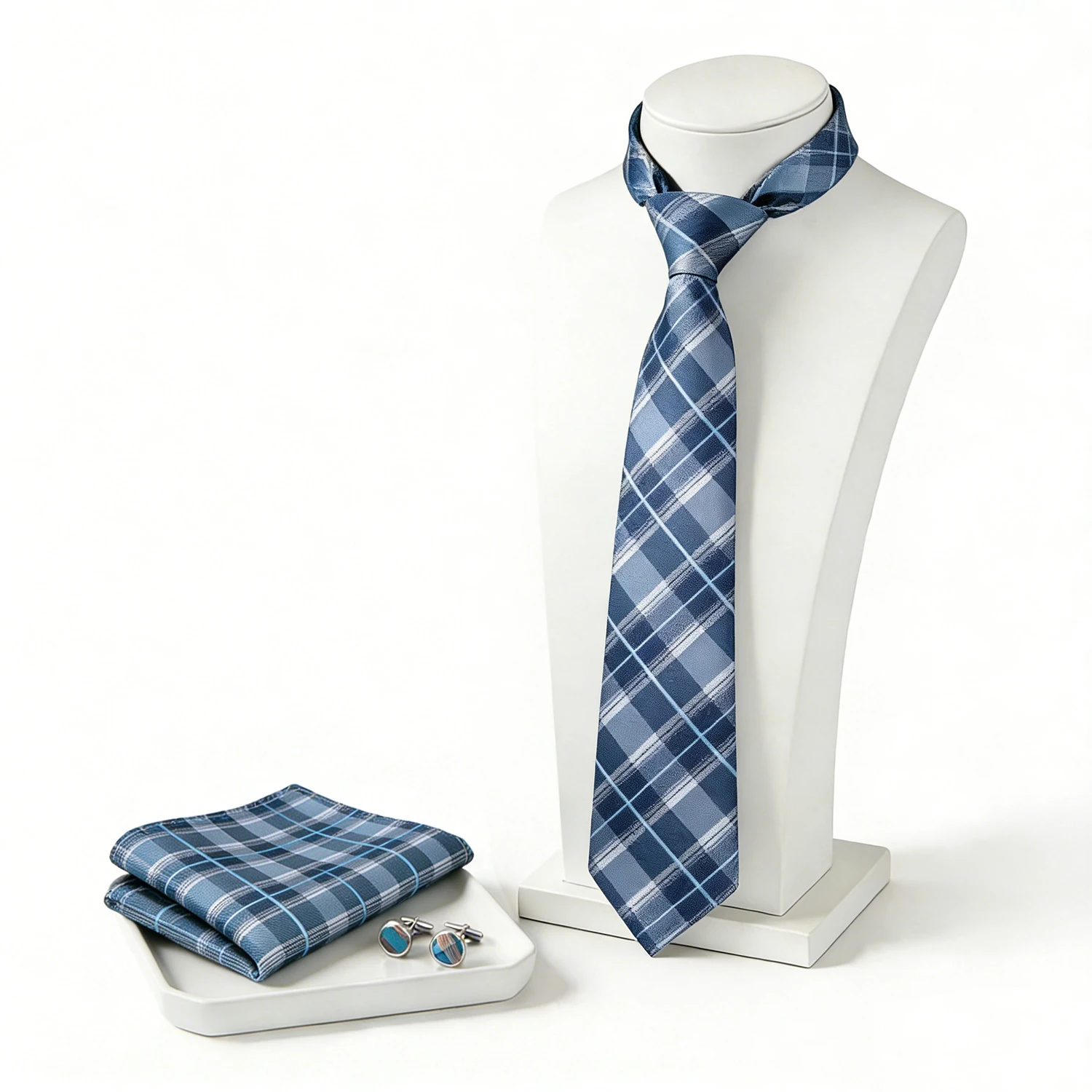 Ensemble cravate homme 3 pièces formel d'affaires avec pochette de costume et boutons de manchette, cravate jacquard tissée à carreaux pour mariage et fête