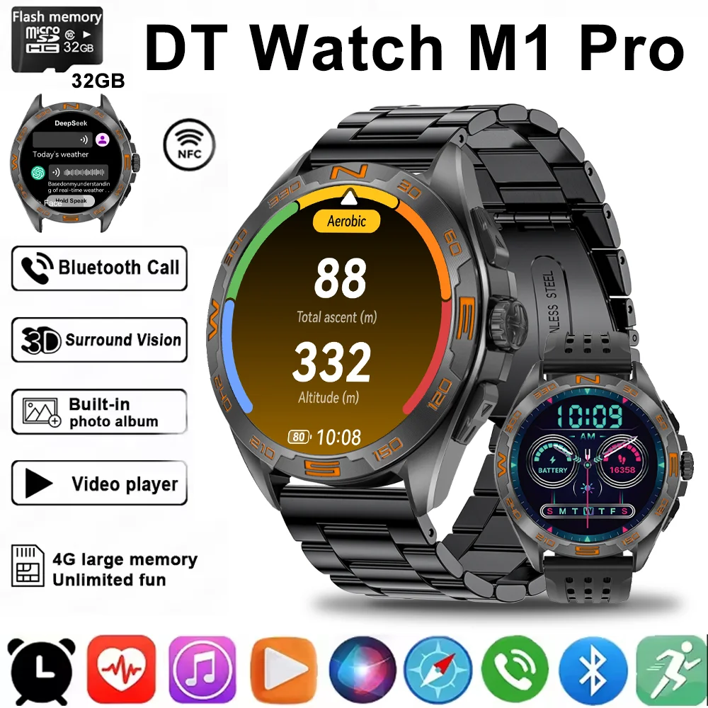 

1.43“ AMOLED Screen 4GB Memory Smartwatch GPS Navigation USB Flash Mode Bluetooth Call TWS MP3 Music IP68 Smart Watch 2025 New