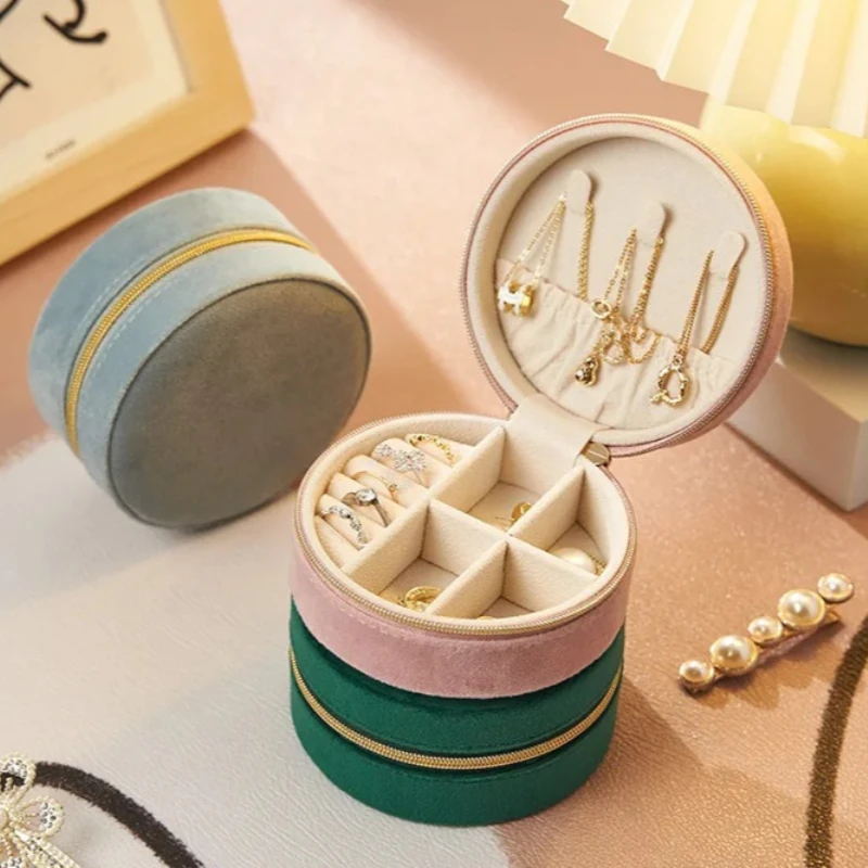 

Round Mini Ring Box Travel Portable Jewelry Gift Case - Cute Small Velvet Storage Holder For Rings Earrings Jewelry Organizer