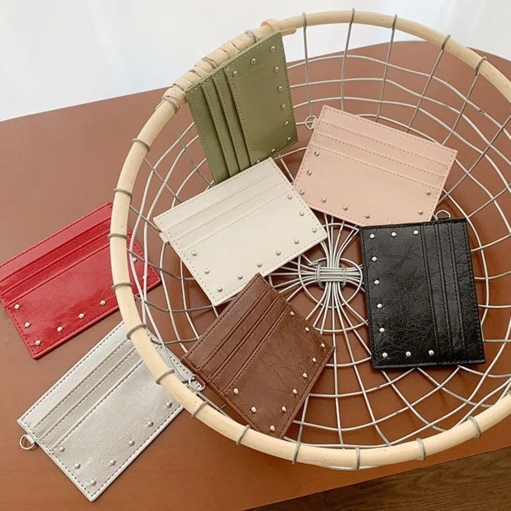 

Ultra Thin Cracked Leather Card Wallet Multiple Slots Mini Size Rivet Card Holder Solid Color PU Coin Purse Storage Solution