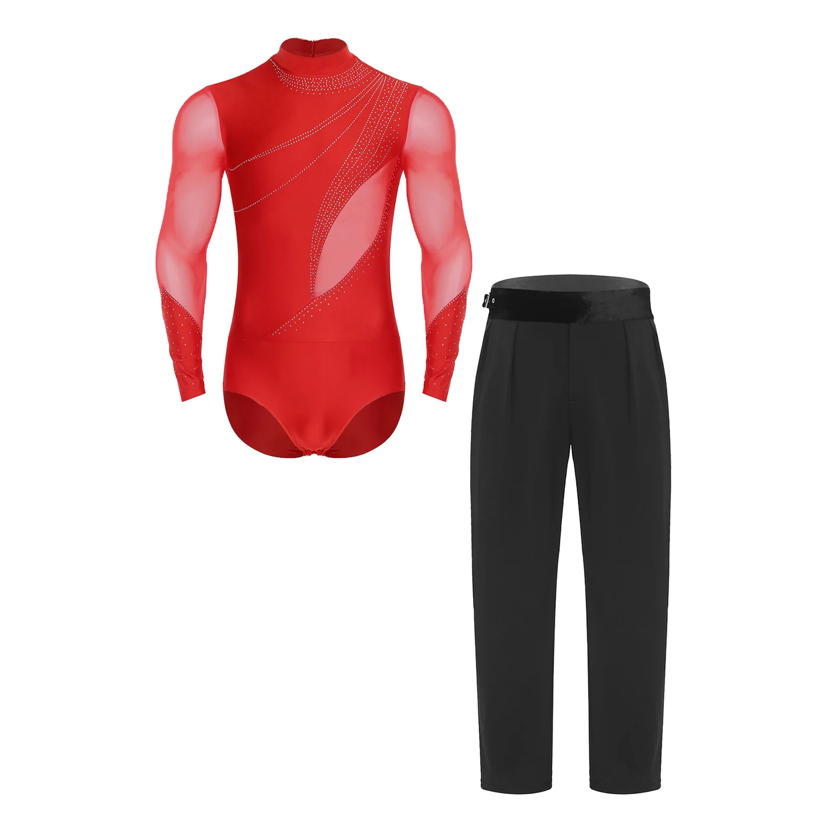 

Elegant Mens Tango Ballet Dance Costume Long Sleeve Openable Crotch Dance Leotard Bodysuit with Long Pants Set for Salsa Rumba