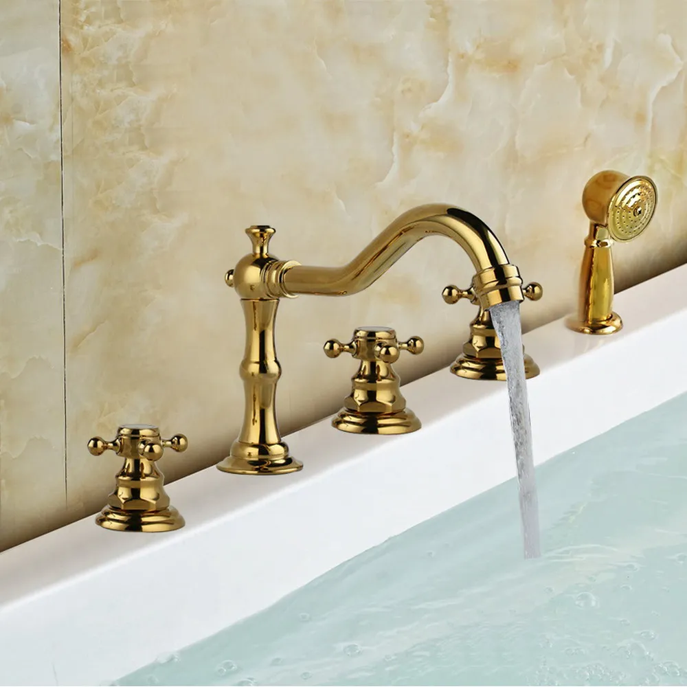 Gold Color Brass Deck 5 Holes Bathtub Mixer Faucet Handheld Shower Widespread Bathroom Faucet Set Basin Water Tap atf059