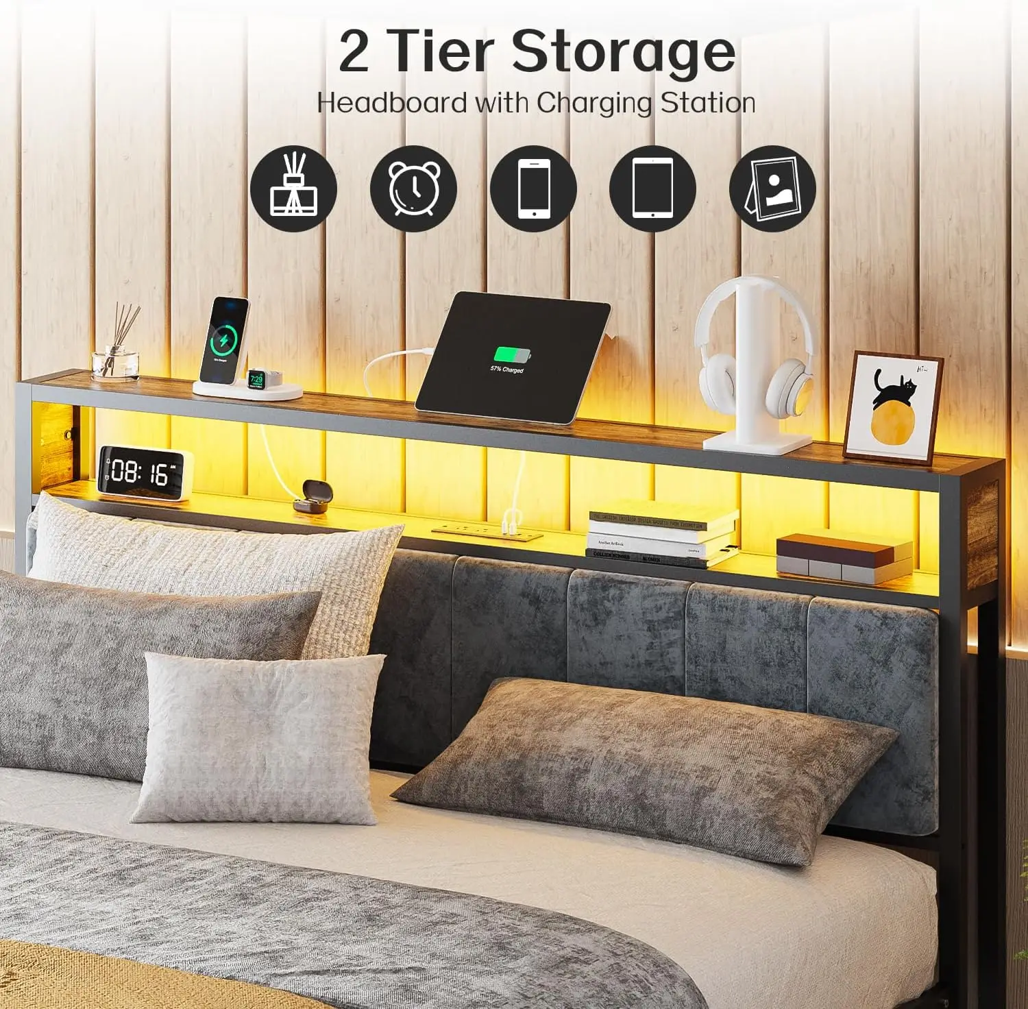 โครงเตียงเต็มพร้อมหัวเตียง เตียงแพลตฟอร์มโลหะ ขนาดเต็มพร้อมที่เก็บของ 2 ชั้น ไฟ LED และแท่นชาร์จ Type C