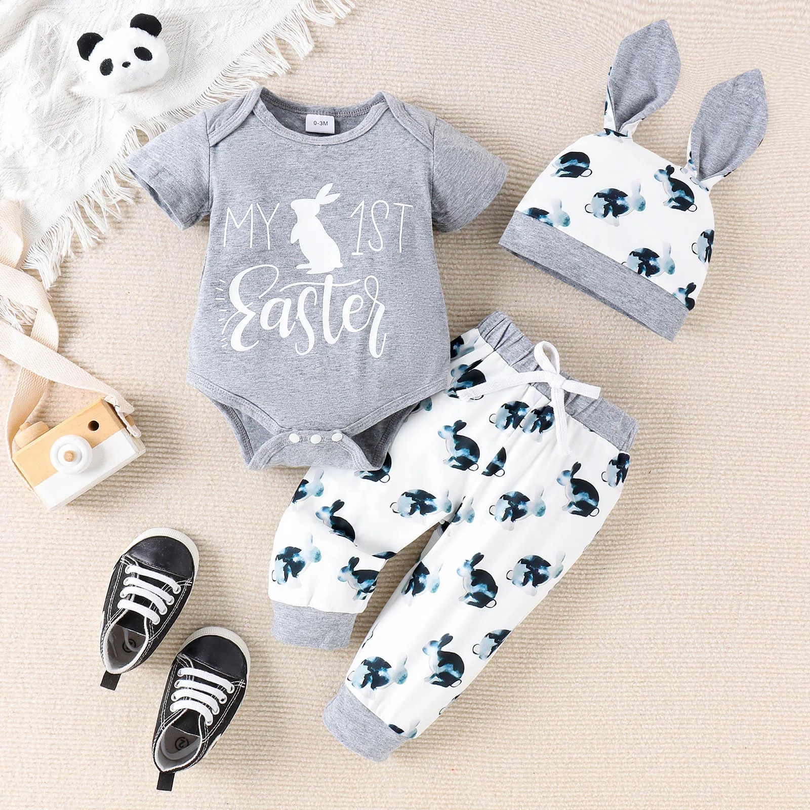 

Baby Gift Set Girl Infant Boys Girls Short Sleeve Easter Rabbit Prints Romper Bodysuit Pants Hat Little Girl Size 8 Clothes