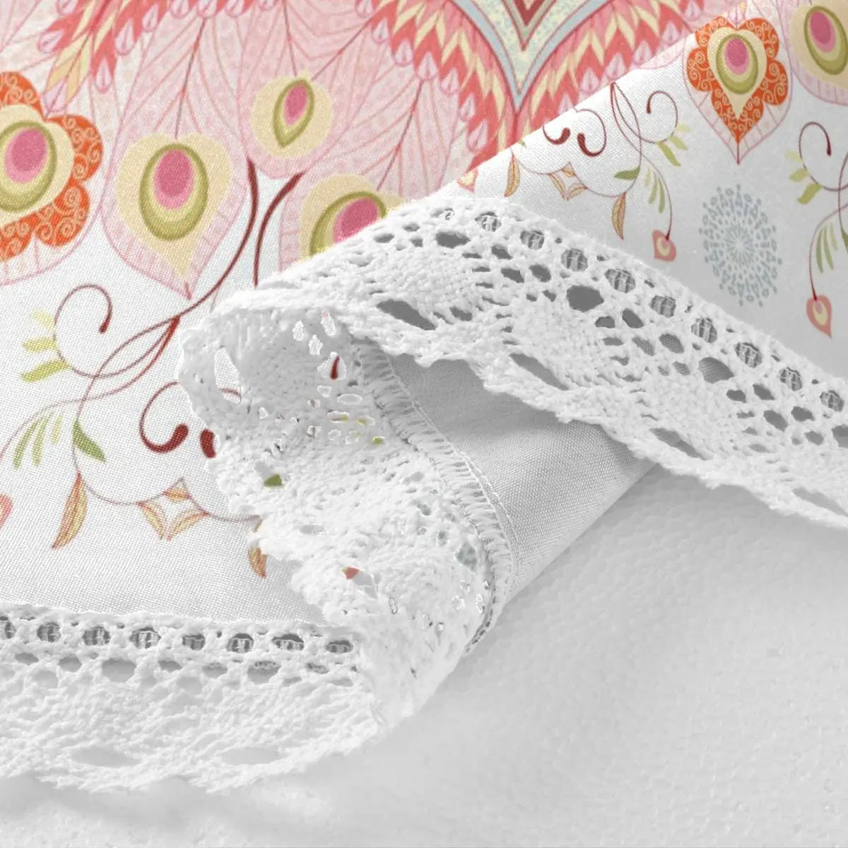 Indian Floral Peacock Feathers and Paisley Round  Dinner Table Cloth Traditional Mandala Polyester White Lace Tablecloth 60 Inch