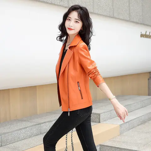 Vårjacka i äkta läder för kvinnor, äkta orange läder, ytterkläder i naturlig fårskinn, damer, motocross-jackor med dragkedja, 7XL 10 best sales orange jacka för kvinnor - №3
