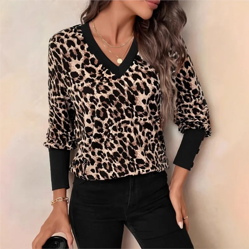 

Autumn New Long Sleeve V-Neck Blouses & Shirts Leopard Top Fashion Women Black Splic Long Sleeve Buttons Decoration Blouse