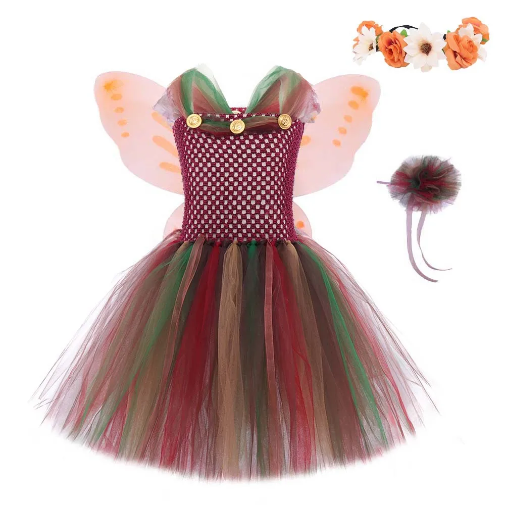 Colorful Forest Fairy Tulle Dress With Butterfly Wings Flower Garland Magic Wand Children Stage Performance Holiday Party Outfit