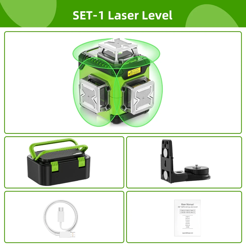 Huepar 3D-laserniveau Zelfnivellerend LCD-scherm Hoge helderheid Oplaadbare laserniveller met magnetische beugel Harde draagtas