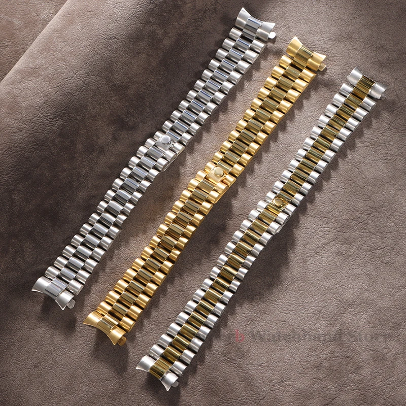20mm Solid Metal Strap for Rolex Curved End Stainless Steel Wristband for Oyster Presidential Buckle for Men Silver Gold