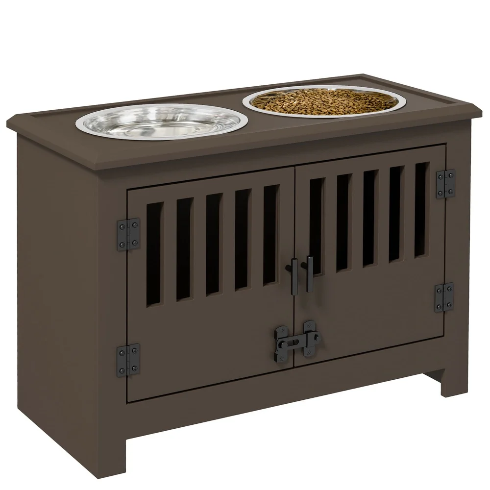 خزانة تخزين طعام الكلاب مع محطة تغذية مرتفعة وأوعية من الفولاذ المقاوم للصدأ قابلة للإزالة وإسبريسو للكلاب الكبيرة