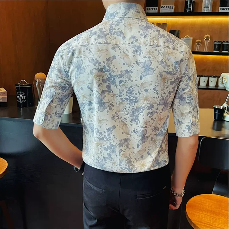 High end Men's V-neck Printed Shirt Summer Fashion Business Slim Fit Mid Sleeve Casual Dress Shirt MenS Clothing 4XL-M