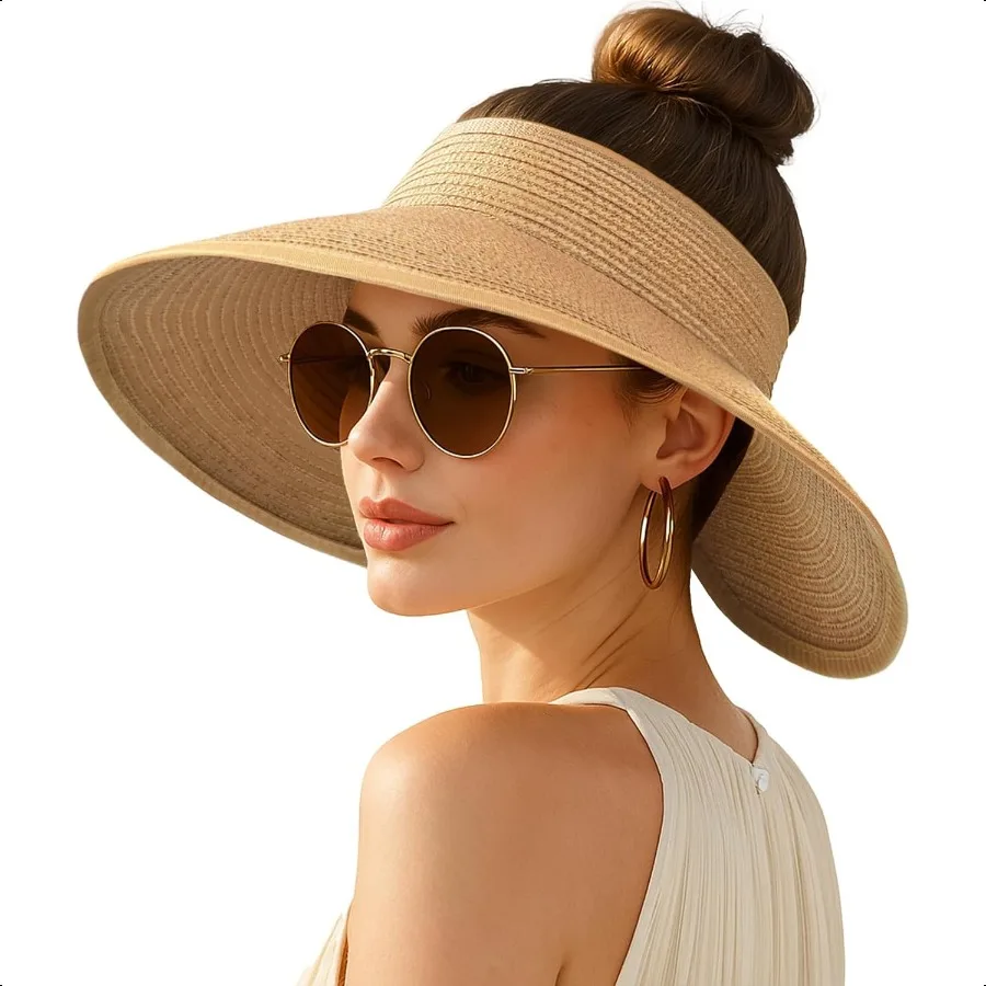 

Women's Sun Visor Hats Wide Brim Straw Beach Hat Ponytail Hats for Women Foldable Floppy