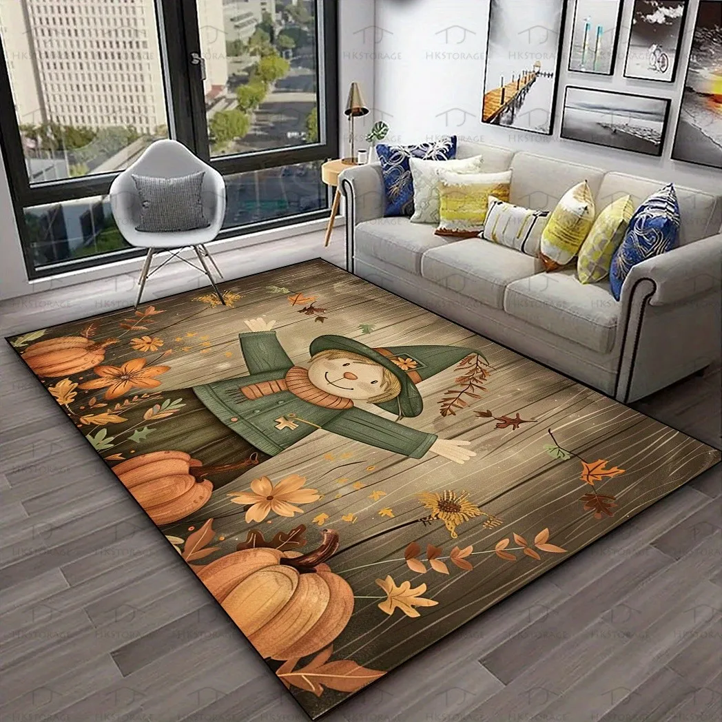 Large Area Rug Pumpkin Non Slip Watercolor Sunflower Carpet Washable Orange Blue Harvest Farmhouse Salon Lounge Decor
