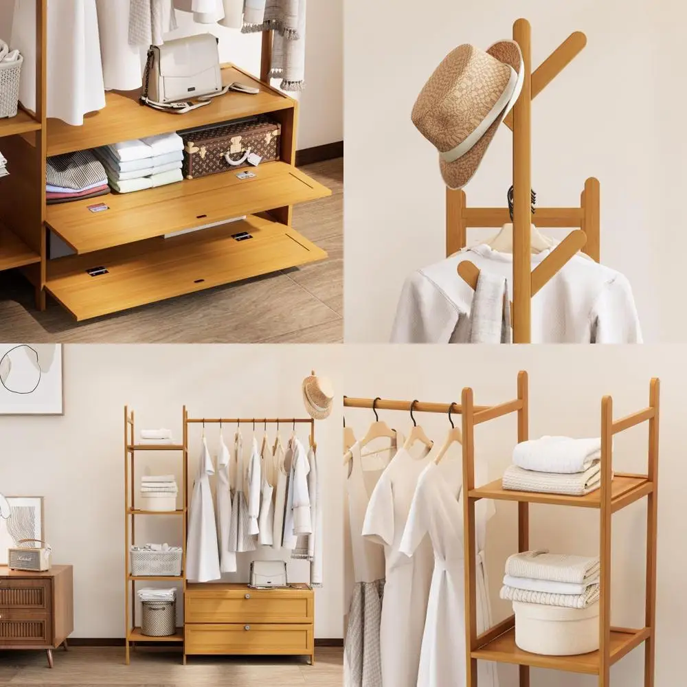 

5-ярусная бамбуковая полка с ящиками, 6 крючками, ширина 100 см, для прихожей и спальни